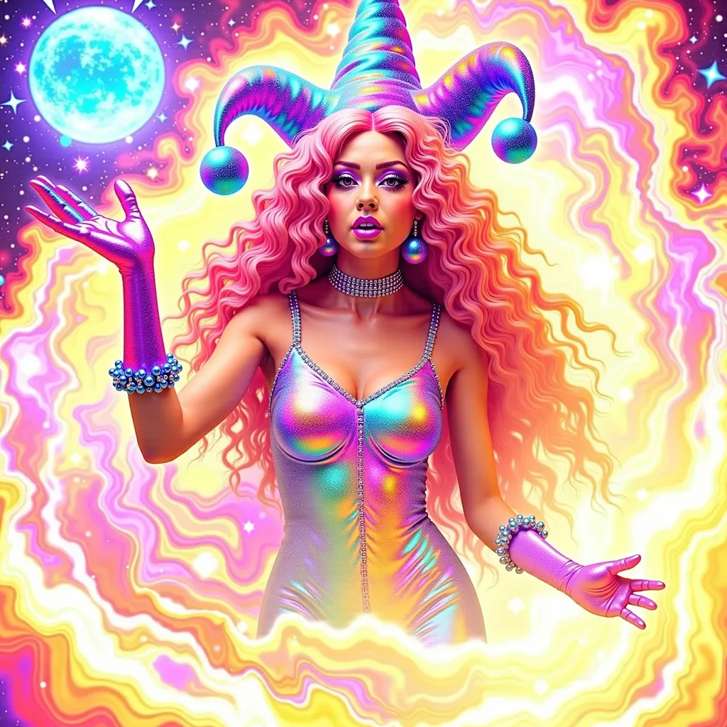 Prompt: A super hyperrealistic yet also illustrative and creative female cosmic jester, made entirely of swirling pure colored light, with long wild curly hair that appears pink but is a dazzling spectrum of hues shimmering beneath the surface. She is adorned in beautiful avant-garde "astral" jester's attire, complete with intricate clown makeup that glimmers like stardust and a definitive jester's hat adorned with miniature galaxies that orbit its tips. Her ensemble includes exquisite accoutrements—ornate cosmic bangles that hum with the resonance of distant quasars and an ethereal cape that flows like liquid auroras. She sparkles, shines, and dazzles in a mesmerizing swirl of ever-changing colors, embodying the essence of cosmic whimsy and wonder. Perched atop an enormous, spinning Möbius strip made of liquid starlight, she juggles glowing quantum orbs that flicker between states of existence, each orb containing a miniature universe that pulses with fractal patterns. The background is a psychedelic tapestry of hyperdimensional geometry, where constellations rearrange themselves into impossible shapes, and stars pulse to the rhythm of an unheard cosmic melody. Fractal tessellations resembling Escher-like infinity loops cascade through the scene, while quantum entanglement trails connect her juggling orbs in a dance of light. Möbius transformations ripple through the liquid starlight, creating endless loops of brilliance, as pulsating nebulas, astral winds swirling with cosmic dust, and shimmering auroras flow like liquid silk across the infinite expanse.
