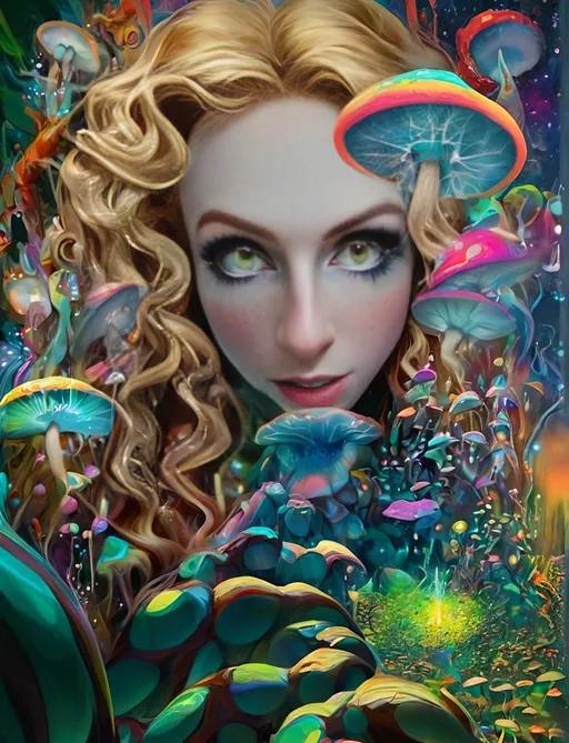 Prompt: Blonde girl with long, curly hair, psychedelic mushroom wonderland, psilocybin, DMT, trippy hallucinations, fractals, multidimensional geometry, auras, vibrant and surreal, high quality, surreal art, colorful, vibrant lighting, holograms, grid lines of the universe, underlying geometric structure of reality