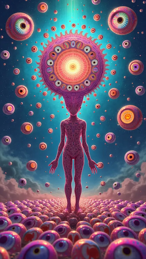 Prompt: In a dimension where quantum and math converge, a vibrant entity emerges, embodying reality as a construct. Its form pulses with colors—neon purples, electric oranges, and luminous turquoises—rippling like liquid light.

Surrounding it are psychedelic human eyes, each a kaleidoscope of patterns and colors. These eyes are mathematically arranged in logarithmic spirals and golden ratios, floating in the void with irises swirling in fractal designs, gazing deeply.

Below, rows of human mouths stretch out, adorned with vibrant, psychedelic lips. These mouths form intricate patterns, placed according to the Fibonacci sequence. Lips shimmer in iridescent hues, teeth within glistening like pearly fractals.

The background is a subtle, dreamlike wash of cosmic colors, highlighting the entity and features. It's an abstract canvas of soft blues and pinks, contrasting with the vivid foreground.

The entity stands as an anchor amidst the chaos of eyes and mouths, creating a hypnotic rhythm. This trippy landscape invites exploration of imagination's boundaries, questioning existence's nature, and reveling in the mathematical beauty of the human form in a universe where anything is possible.