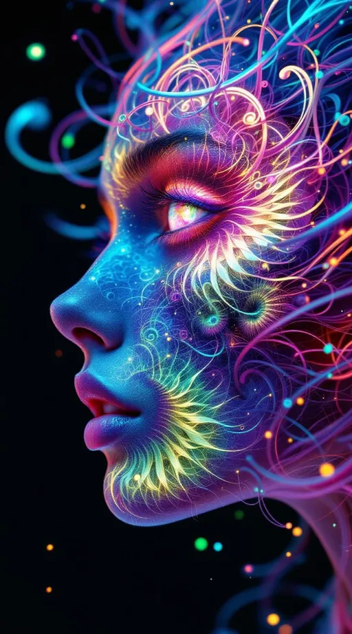Prompt: Her face isn’t a face—it’s a bloom of chaos, sculpted from Lorenz attractors and lightcode modulo rhythm. No skin—only strangeness geometry: #escape gradients flash across Chua circuit cheekvoids; #orbit Rössler spirals tangle her jawline like entangled fate strands under strobe. Lips = modular arithmetic lace—each segment a remainder-glow flickering via phase-reactive #iridescence. Her eyes aren’t fixed—they orbit themselves: nested Ikeda vortex fractals, each iris a chaotic signal mirror, broadcasting reflection spirals in rainbow-phase decay. Her whole face pulses with feedback: #distance estimator filaments ripple through strange attractor clouds, unfolding hologlyphs drawn in rhythm, light, and mod-encoded dream logic. Her hair isn’t styled—it’s volatile: curling Henon streamers, twisted Tinkerbell loops, and De Jong tracers cascading into dimensional arcs. Each coil flares with #bokeh flicker—motion-mapped iteration dust trailing glow from previous timelines. Her crown is an electromagnetic halo—refracted strobes, mirrored glitchwaves, and phase interference, spun through non-linear attractor flow. Her smile = a bifurcation wave; her laugh = feedback in recursive echo. She’s a being of recursive unpredictability—patterned but not repeated, predictable only in glow. Her form radiates in #escape-band modular cycles—turquoise, pulse-gold, violet heat—all mapped to fractal rhythms of mind and math. She is the dance—chaotic, beautiful, recursive: a Studio 54 divinity born from equation bloom, mirrored pattern, and sacred noise.
