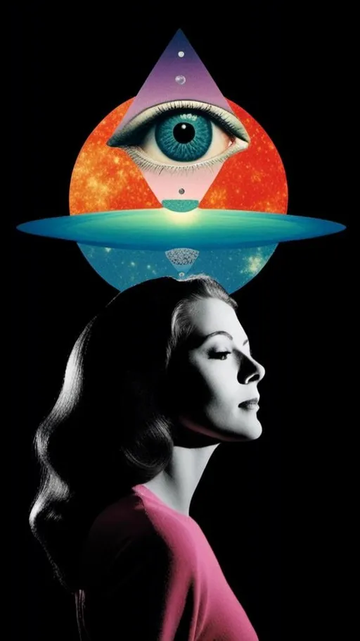 Prompt: <mymodel>Psychedelic collage of a woman, spliced and edited with psychedelic planets, cats, and UFOs, a psychedelic open third eye, incorporating paint, enamel, and found objects, black and white optical illusions, high quality, surreal, vibrant colors, trippy, psychedelic, detailed collage, cosmic theme, colorful lighting surreal collage