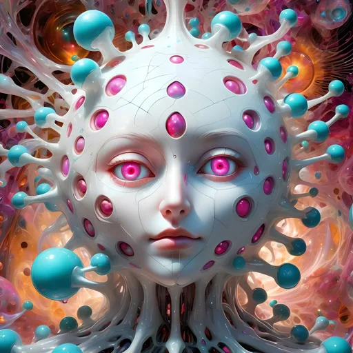 Prompt: a translucent white many sided multidimensional extra dimensional geometric shape churning through many extra dimensions etherically, covered in eyes, biological and mechanical simultaneously with random pops of brilliant vibid psychedelic color 