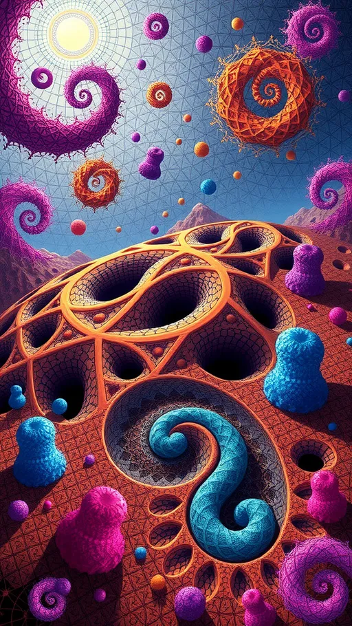 Prompt: Let's create a cohesive art prompt using the selected elements:

### Final Art Prompt:

"An extremely super hyperrealistic trippy weird surreal odd scene featuring a **Koch Snowflake** fractal, with its intricate, recursive patterns forming the backdrop. The landscape is dotted with **Peano Curves**, creating a maze-like appearance that leads the eye to various focal points. In the foreground, a **Turing Pattern** emerges, resembling the complex coat patterns of exotic animals, adding a sense of biological wonder.

Nestled within this fractal world are clusters of **Möbius Strips**, twisting and looping in impossible ways, defying gravity and perspective. The air shimmers with the vibrant hues of **Spirograph Patterns**, their looping forms reminiscent of childhood toys but with an otherworldly glow.

Incorporated into this scene are **Menger Sponges** suspended in mid-air, their porous structures casting intricate shadows that dance across the ground. The entire composition is woven together with the organic flow of **Voronoi Tiling**, creating a cellular structure that feels both natural and alien.

Throughout the scene, elements of **Quartz** and **Amethyst** crystals glisten, their facets catching the light and refracting it into a spectrum of colors. The **Fluorite** adds a mystical touch with its multicolored glow, while **Malachite** bands weave through the landscape, providing a rich, green contrast.

Microscopic details are magnified to colossal scales, with **Ammonia tepida** and **Globigerina bulloides** foraminifera spiraling through the air, their intricate shells adding texture and depth to the scene.

This surreal landscape is a fusion of mathematical precision and organic chaos, where the boundaries between the microscopic and the macroscopic blur, inviting the viewer to explore the infinite possibilities of form and pattern."

This prompt combines the selected mathematical functions, natural elements, pattern tiling, minerals, and microscopic items into a visually rich and imaginative scene.