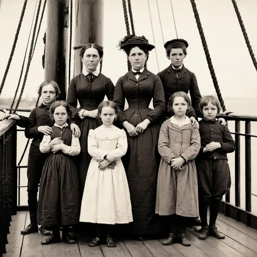 Prompt: A woman and her 7 children standing by the railing of a ship in 1851
