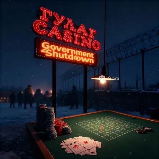 Prompt: This is the entrance billboard to Gulag Casino. ABSOLUTLEY NOTHING IN THIS PICTURE SHOULD CHANGE. THIS PICTURE SHOULD STAY 100% the same. The only addition is "Government Shutdown" is added on the sign that is already there. The "Government Shutdown" text should match the style and theme of what is already on the billboard. It should look like it is part of the billboard. It should be under the "24 HOURS" part of the sign.