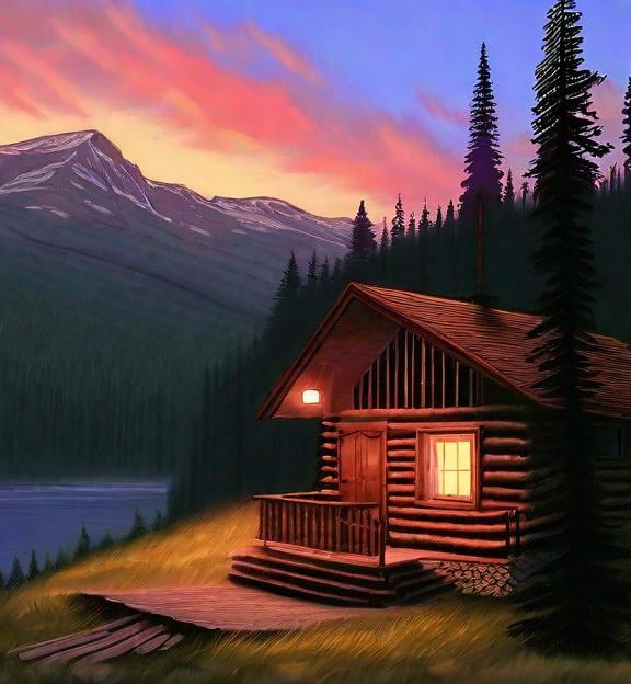 Prompt: A beautiful sunset oupon a mountain top cabin. It’s a fur tree forest. At the cabin is an old man with a hot cup of black coffee. This is done during the summer.