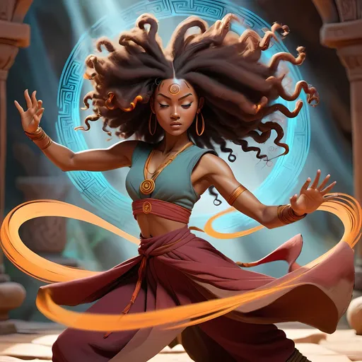 Prompt: Black woman mastering airbending in an ancient, mystical setting, vibrant colors, dynamic movements, detailed natural hair flowing freely, powerful and confident stance, high quality, vibrant, mystical, detailed hair, dynamic movements, confident, atmospheric lighting