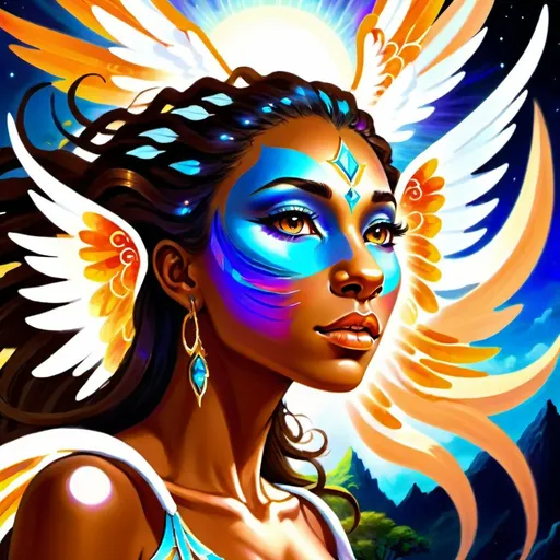 Prompt: Beautiful goddess with fair brown skin, vibrant fantasy flying lion, high-quality, vibrant colors, fantasy art, detailed facial features, fantasy lion with majestic wings, vivid and vibrant, ethereal goddess, captivating expression, fantasy landscape, luminous lighting
