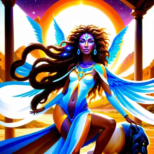 Prompt: Beautiful goddess with fair brown skin, vibrant fantasy flying lion, high-quality, vibrant colors, fantasy art, detailed facial features, fantasy lion with majestic wings, vivid and vibrant, ethereal goddess, captivating expression, fantasy landscape, luminous lighting
