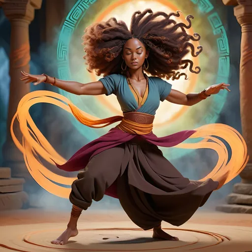 Prompt: Black woman mastering airbending in an ancient, mystical setting, vibrant colors, dynamic movements, detailed natural hair flowing freely, powerful and confident stance, high quality, vibrant, mystical, detailed hair, dynamic movements, confident, atmospheric lighting