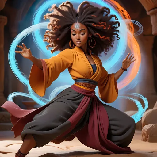 Prompt: Black woman mastering airbending in an ancient, mystical setting, vibrant colors, dynamic movements, detailed natural hair flowing freely, powerful and confident stance, high quality, vibrant, mystical, detailed hair, dynamic movements, confident, atmospheric lighting