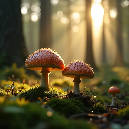 Prompt: 
Overnight-dew kissed mushrooms stand tall on a dewy forest floor, perfectly round flanks catch the early morning light in the gloaming of the woodland, captured in high resolution, natural light, digital render, vivid colours, ultra highly detailed, composition full of contrasts between the towering trees and mushroom's interaction with the sunlight filtering through dense foliage.
