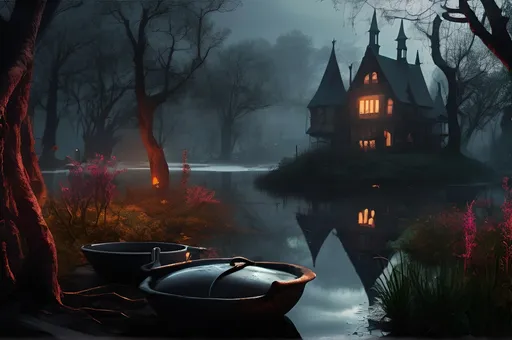 Prompt: 
Art style by Albert Eckhout
A macabre witch's herb garden on a shoreline of a dark foreboding pond, masterpiece, perfect image, insane detailed, intense colours, strong contrast, magic, mystic, mystical, witch craft, surprising, amazing, 16k resolution, unreal engine 5