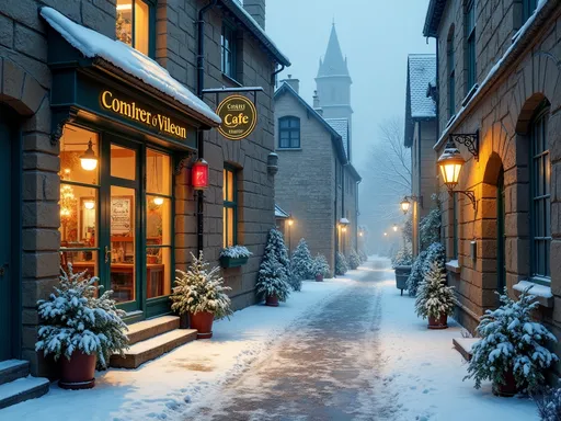 Prompt: 
watercolor, beautiful, winter night, cafe atmosphere, surreal snow, highly detailed fantasy art, Old English Village alley, stone buildings, public houses, archway, stone steps, flower pots, window flower boxes, fog, mystical light, golden hour, wet Cotton glitter, 8k.
