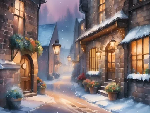 Prompt: 
watercolor, beautiful, winter night, cafe atmosphere, surreal snow, highly detailed fantasy art, Old English Village alley, stone buildings, public houses, archway, stone steps, flower pots, window flower boxes, fog, mystical light, golden hour, wet Cotton glitter, 8k.
