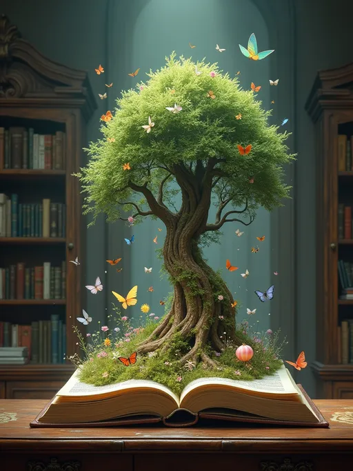 Prompt: 
Magic fairy tale book rests on a library table, pages sprouting an enchanted forest teeming with mystic flora and fauna, ecosystem pulsates with magic and wonder, distributed within a hyperrealistic digital painting by Greg Rutkowski, ultra detailed, volumetric light emanating softly, enhancing the photorealistic textures, rendered in 8K resolution, with a whimsical yet profoundly cinematic quality.
