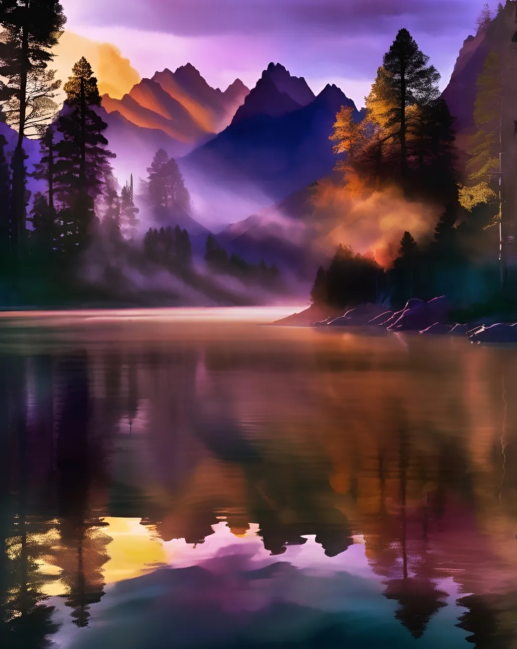 Prompt: Sunset over a secluded mountain lake, light diffusing through the mist, reflecting on pristine waters, contours of distant peaks in silhouette form, colors ranging from warm gold to deep purples, lone pine standing sentinel at the water's edge, scene invoking feelings of unforgettable, impressive, unique, breathtaking beauty, pure perfection, captured in an ultra-clear, digital painting.
