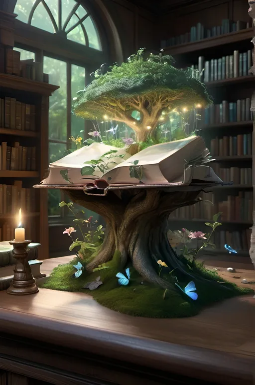 Prompt: 
Magic fairy tale book rests on a library table, pages sprouting an enchanted forest teeming with mystic flora and fauna, ecosystem pulsates with magic and wonder, distributed within a hyperrealistic digital painting by Greg Rutkowski, ultra detailed, volumetric light emanating softly, enhancing the photorealistic textures, rendered in 8K resolution, with a whimsical yet profoundly cinematic quality.
