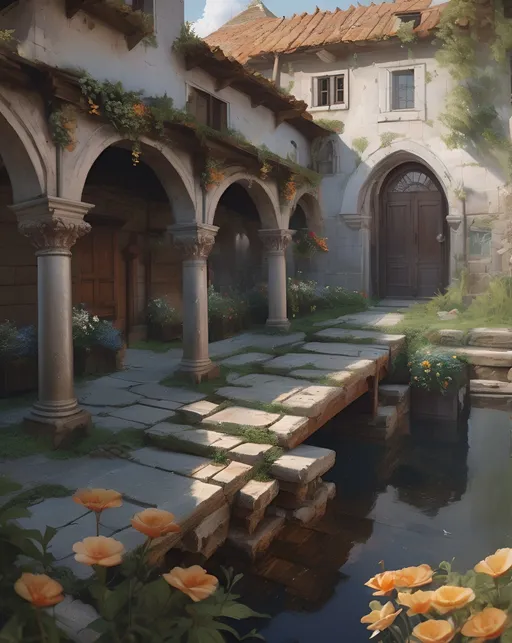 Prompt: CREATE A realism ancient medieval rural monk monastery with colonnade and courtyard with flowers scene environment, Stream with ice and wooden bridge, Alignment site with gallows intricate detail, hyper detail, Michael Garmash, Seb McKinnon, Victor Ngai, highly detailed, extremely detailed, fine detail, hyperrealistic, surrealism, ultra hd, realistic, vivid colours, perfect composition, beautifully detailed intricate insanely detailed octane rendering trending on ArtStation, 8k art photography, natural volumetric cinematic perfect light, ultra hd, realistic, 
