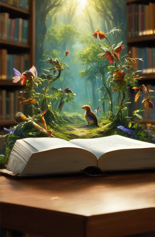 Prompt: 
Magic fairy tale book rests on a library table, pages sprouting an enchanted forest teeming with mystic flora and fauna, ecosystem pulsates with magic and wonder, distributed within a hyperrealistic digital painting by Greg Rutkowski, ultra detailed, volumetric light emanating softly, enhancing the photorealistic textures, rendered in 8K resolution, with a whimsical yet profoundly cinematic quality.
