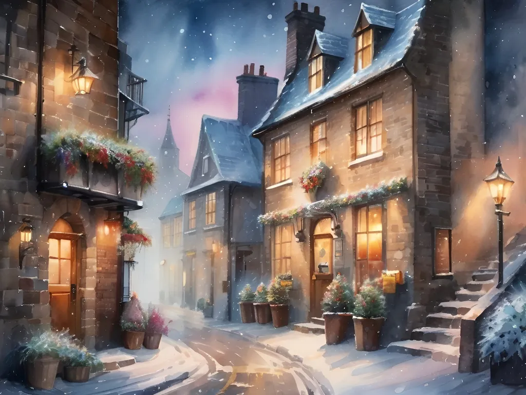 Prompt: 
watercolor, beautiful, winter night, cafe atmosphere, surreal snow, highly detailed fantasy art, Old English Village alley, stone buildings, public houses, archway, stone steps, flower pots, window flower boxes, fog, mystical light, golden hour, wet Cotton glitter, 8k.
