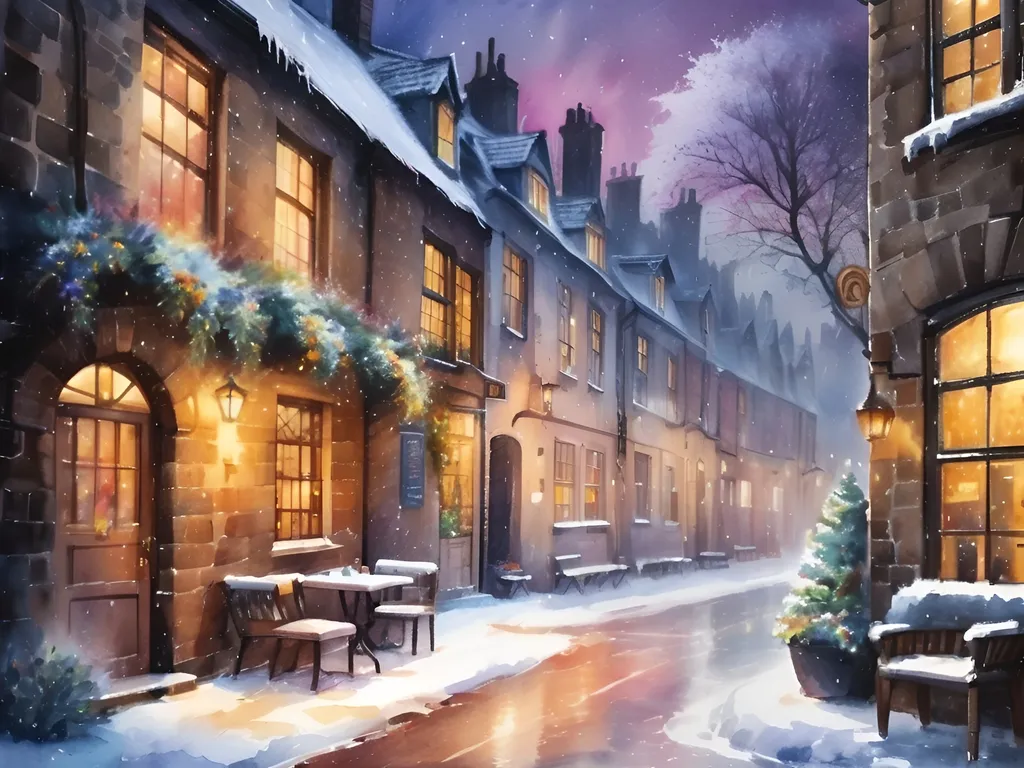 Prompt: 
watercolor, beautiful, winter night, cafe atmosphere, surreal snow, highly detailed fantasy art, Old English Village alley, stone buildings, public houses, archway, stone steps, flower pots, window flower boxes, fog, mystical light, golden hour, wet Cotton glitter, 8k.
