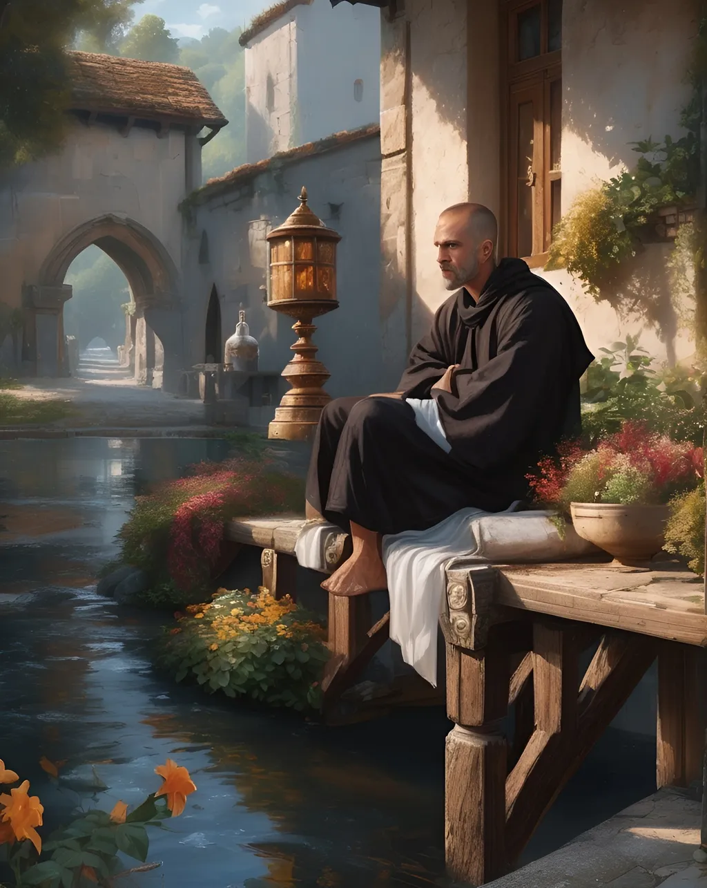 Prompt: CREATE A realism ancient medieval rural monk monastery with colonnade and courtyard with flowers scene environment, Stream with ice and wooden bridge, Alignment site with gallows intricate detail, hyper detail, Michael Garmash, Seb McKinnon, Victor Ngai, highly detailed, extremely detailed, fine detail, hyperrealistic, surrealism, ultra hd, realistic, vivid colours, perfect composition, beautifully detailed intricate insanely detailed octane rendering trending on ArtStation, 8k art photography, natural volumetric cinematic perfect light, ultra hd, realistic, 
