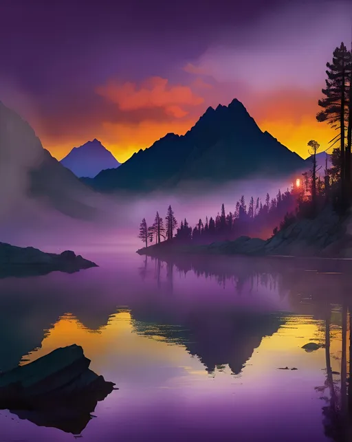 Prompt: Sunset over a secluded mountain lake, light diffusing through the mist, reflecting on pristine waters, contours of distant peaks in silhouette form, colors ranging from warm gold to deep purples, lone pine standing sentinel at the water's edge, scene invoking feelings of unforgettable, impressive, unique, breathtaking beauty, pure perfection, captured in an ultra-clear, digital painting.
