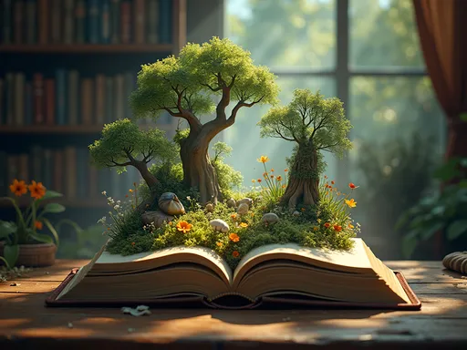 Prompt: 
Magic fairy tale book rests on a library table, pages sprouting an enchanted forest teeming with mystic flora and fauna, ecosystem pulsates with magic and wonder, distributed within a hyperrealistic digital painting by Greg Rutkowski, ultra detailed, volumetric light emanating softly, enhancing the photorealistic textures, rendered in 8K resolution, with a whimsical yet profoundly cinematic quality.
