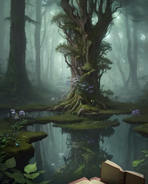 Prompt: 
Magic fairy tale book rests on a library table, pages sprouting an enchanted forest teeming with mystic flora and fauna, ecosystem pulsates with magic and wonder, distributed within a hyperrealistic digital painting by Greg Rutkowski, ultra detailed, volumetric light emanating softly, enhancing the photorealistic textures, rendered in 8K resolution, with a whimsical yet profoundly cinematic quality.
