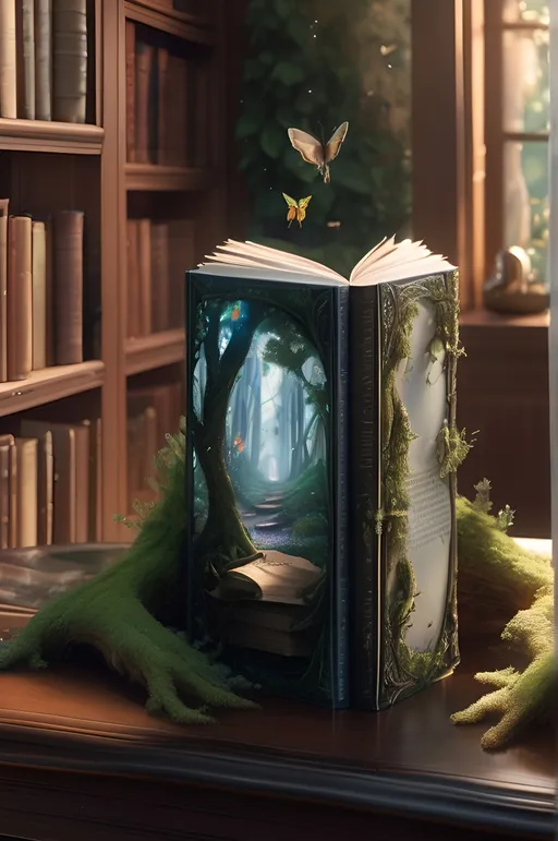 Prompt: 
Magic fairy tale book rests on a library table, pages sprouting an enchanted forest teeming with mystic flora and fauna, ecosystem pulsates with magic and wonder, distributed within a hyperrealistic digital painting by Greg Rutkowski, ultra detailed, volumetric light emanating softly, enhancing the photorealistic textures, rendered in 8K resolution, with a whimsical yet profoundly cinematic quality.
