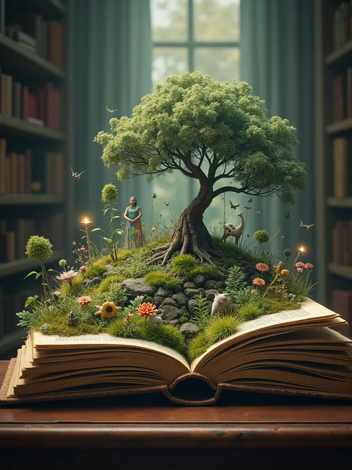 Prompt: 
Magic fairy tale book rests on a library table, pages sprouting an enchanted forest teeming with mystic flora and fauna, ecosystem pulsates with magic and wonder, distributed within a hyperrealistic digital painting by Greg Rutkowski, ultra detailed, volumetric light emanating softly, enhancing the photorealistic textures, rendered in 8K resolution, with a whimsical yet profoundly cinematic quality.
