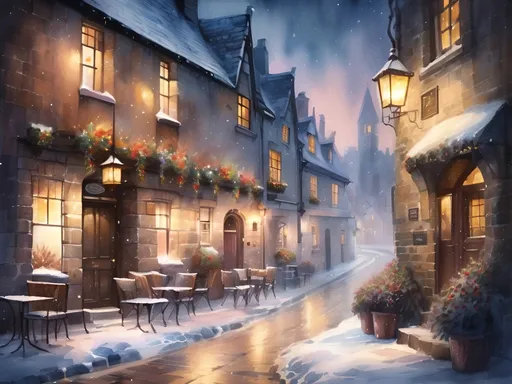 Prompt: 
watercolor, beautiful, winter night, cafe atmosphere, surreal snow, highly detailed fantasy art, Old English Village alley, stone buildings, public houses, archway, stone steps, flower pots, window flower boxes, fog, mystical light, golden hour, wet Cotton glitter, 8k.
