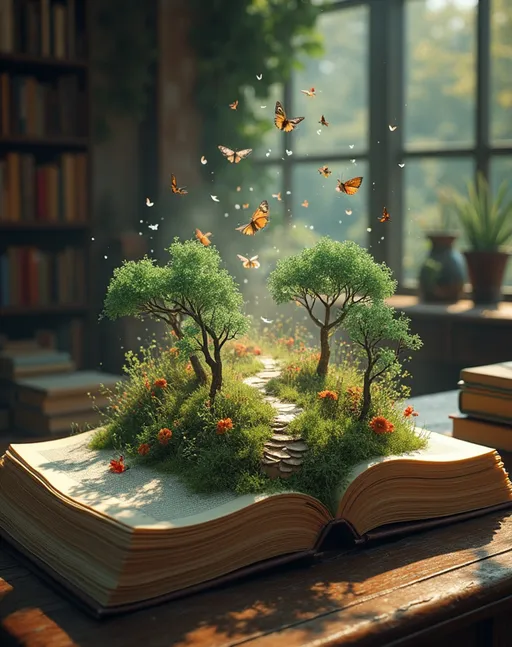 Prompt: 
Magic fairy tale book rests on a library table, pages sprouting an enchanted forest teeming with mystic flora and fauna, ecosystem pulsates with magic and wonder, distributed within a hyperrealistic digital painting by Greg Rutkowski, ultra detailed, volumetric light emanating softly, enhancing the photorealistic textures, rendered in 8K resolution, with a whimsical yet profoundly cinematic quality.
