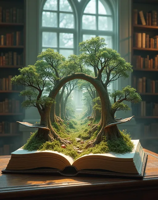 Prompt: 
Magic fairy tale book rests on a library table, pages sprouting an enchanted forest teeming with mystic flora and fauna, ecosystem pulsates with magic and wonder, distributed within a hyperrealistic digital painting by Greg Rutkowski, ultra detailed, volumetric light emanating softly, enhancing the photorealistic textures, rendered in 8K resolution, with a whimsical yet profoundly cinematic quality.
