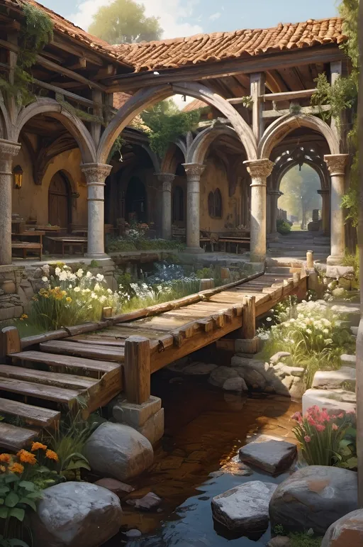 Prompt: CREATE A realism ancient medieval rural monk monastery with colonnade and courtyard with flowers scene environment, Stream with ice and wooden bridge, Alignment site with gallows intricate detail, hyper detail, Michael Garmash, Seb McKinnon, Victor Ngai, highly detailed, extremely detailed, fine detail, hyperrealistic, surrealism, ultra hd, realistic, vivid colours, perfect composition, beautifully detailed intricate insanely detailed octane rendering trending on ArtStation, 8k art photography, natural volumetric cinematic perfect light, ultra hd, realistic, 
