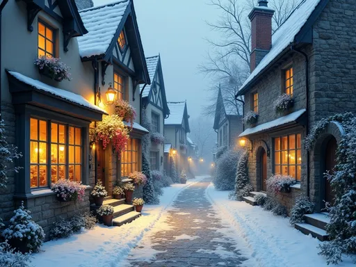 Prompt: 
watercolor, beautiful, winter night, cafe atmosphere, surreal snow, highly detailed fantasy art, Old English Village alley, stone buildings, public houses, archway, stone steps, flower pots, window flower boxes, fog, mystical light, golden hour, wet Cotton glitter, 8k.
