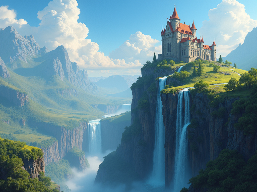 Prompt: 
Stunning medieval fantasy tower on a cliff overlooking a vast landscape, Hyperdetailed, waterfall, Beautiful, Concept art, Jordan Grimmer, Jorge Jacinto, Colourful, digital art, illustration, 8k, beautiful lighting, cinematic, Ivan Shishkin, An Jung-hwan
