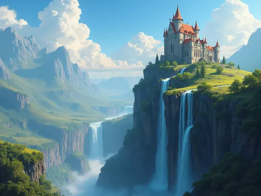 Prompt: 
Stunning medieval fantasy tower on a cliff overlooking a vast landscape, Hyperdetailed, waterfall, Beautiful, Concept art, Jordan Grimmer, Jorge Jacinto, Colourful, digital art, illustration, 8k, beautiful lighting, cinematic, Ivan Shishkin, An Jung-hwan
