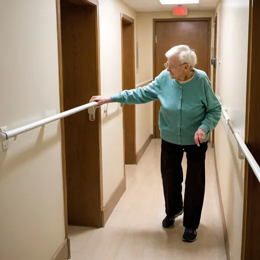 Prompt: An elderly person is walking down a hallway. There is a straight handrail on the wall in this hallway. The handrail is attached to the wall and runs parallel to it. The height of the handrail is about halfway up the elderly person's height.

The elderly person don't have anything on his hand. He just grabbing the attached parallel bar
