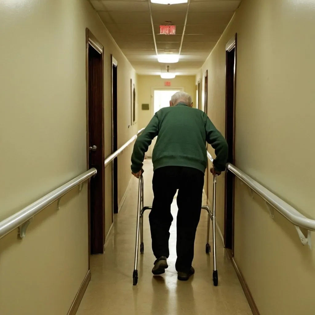 Prompt: An elderly person is walking down a hallway (There's no door). There is a straight handrail on the wall in this hallway. The handrail is attached to the wall and runs parallel to it. The height of the handrail is about halfway up the elderly person's height.

The elderly person don't have anything on his hand. He just grabbing the attached parallel bar.

I said there's nothing on his hand. and also there's 'no walker or something' without bar on wall