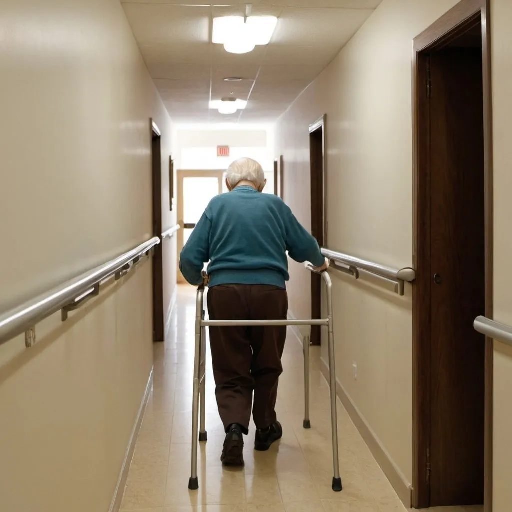 Prompt: An elderly person is walking down a hallway. There is a straight handrail on the wall in this hallway. The handrail is attached to the wall and runs parallel to it. The height of the handrail is about halfway up the elderly person's height.

The elderly person don't have anything on his hand. He just grabbing the attached parallel bar

