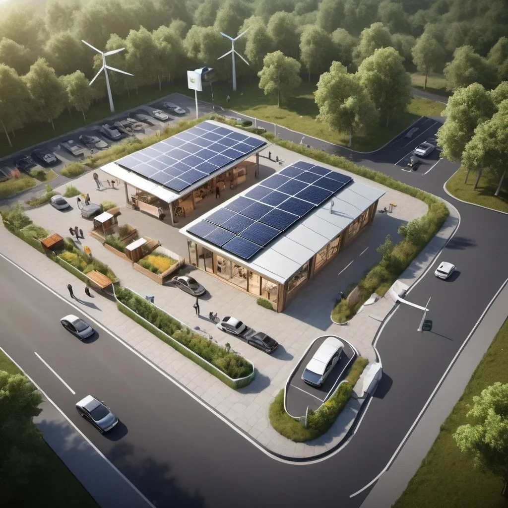 Prompt: can you create a image of a sustainable retail site where people can fuel up renewable fuels or charge their car. There is also a carwash with water recuperation, a windmill, solar panels and many other sustainable items. The site also includes a shop where people can shop or drink a coffee whilst waiting for their car to charge.