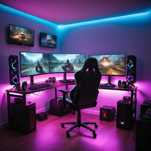 Prompt: crea una imagen de un set up gamer en el q sean luces led y un entorno apetecible q sea estilo portad