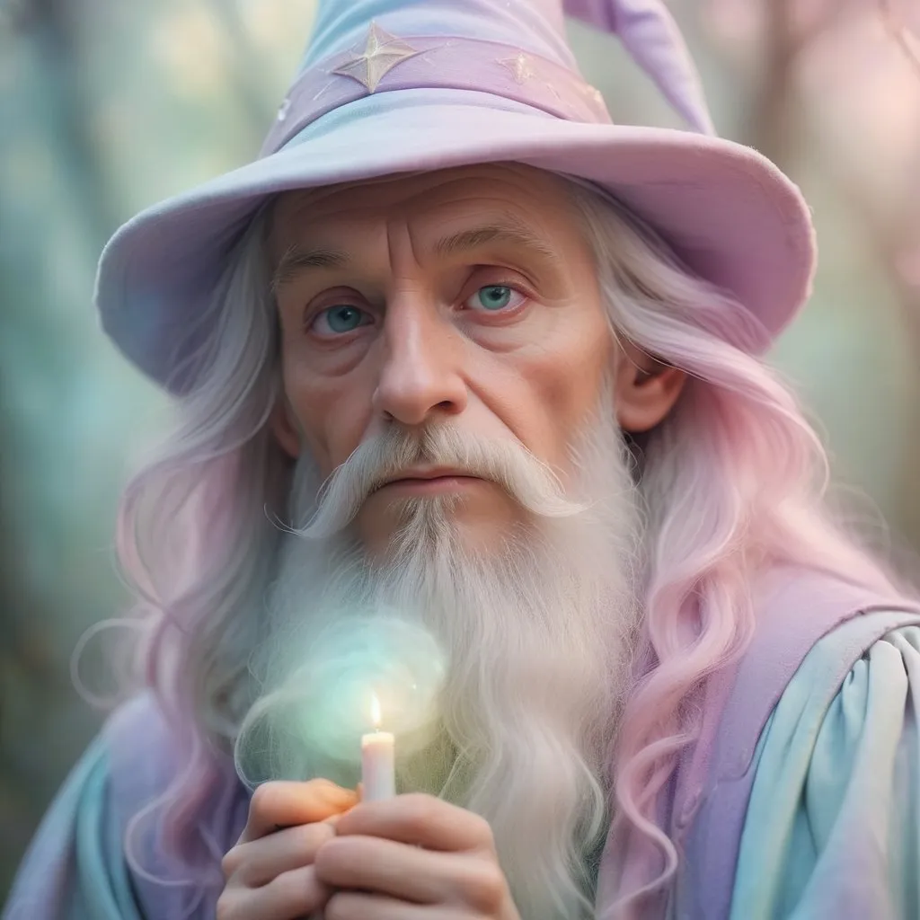 Prompt: Dreamy pastel portrait, wizard, ethereal atmosphere, soft focus