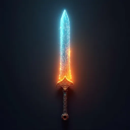 Prompt: A light blue and orange blade emitting a dark orange aura with intricate patterns on the handle
