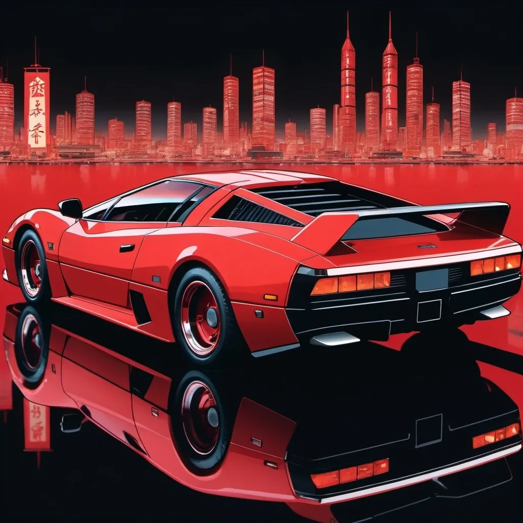 Prompt: 1980s retrofuturistic <anime>, super car inspired by bullets, clipart,4k, hd,  gleaming with reflections, print by hiroshi yoshida. the print is of a futuristic vehicle, inky red vehicle on a black background with lights on top, ukiyo-e style shading.