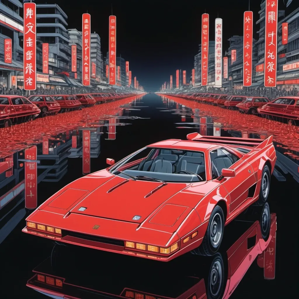 Prompt: 1980s retrofuturistic <anime>, super car inspired by bullets, clipart,4k, hd,  gleaming with reflections, print by hiroshi yoshida. the print is of a futuristic vehicle, inky red vehicle on a black background with lights on top, ukiyo-e style shading.