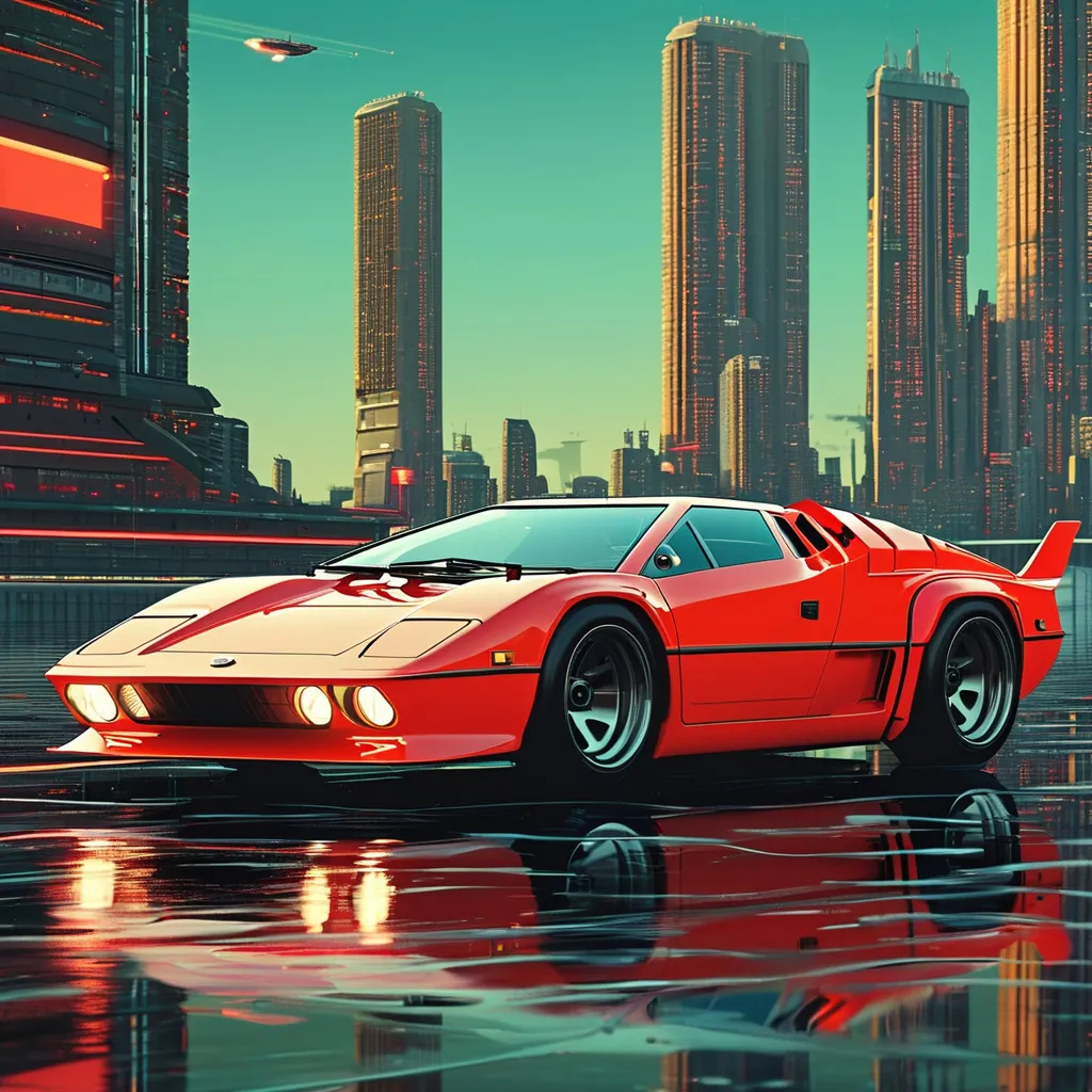 Prompt: 1980s retrofuturistic <anime>, super car inspired by bullets, clipart,4k, hd,  gleaming with reflections, print by hiroshi yoshida. the print is of a futuristic vehicle, inky red vehicle on a black background with lights on top, ukiyo-e style shading.