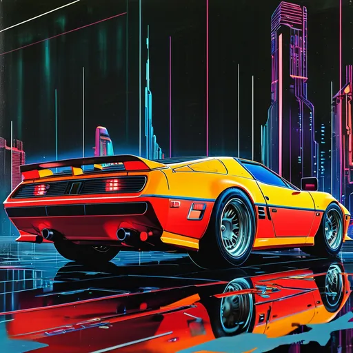 Prompt: 1980s retrofuturistic <anime>, super car inspired by bullets, clipart,4k, hd,  gleaming with reflections, print by hiroshi yoshida. the print is of a futuristic vehicle, inky red vehicle on a black background with lights on top, ukiyo-e style shading.